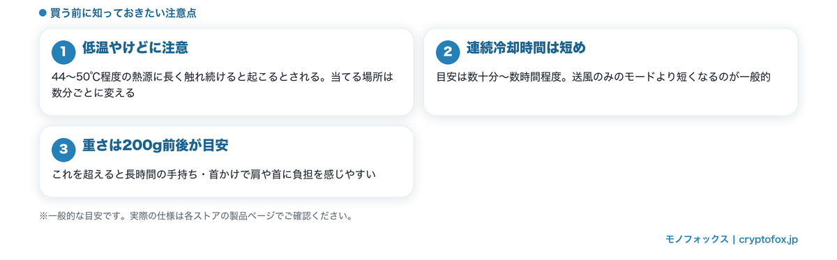 冷却プレート付きハンディファンの注意点と連続冷却時間・重さの目安図解