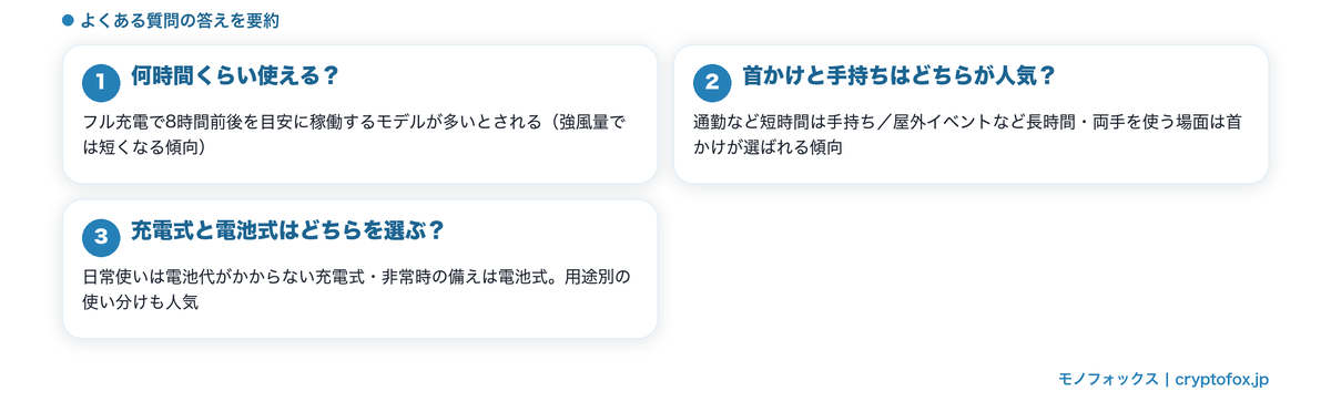 ハンディ扇風機のよくある質問の答え要約