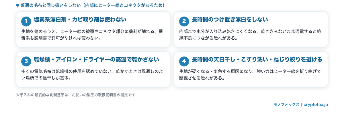 電気毛布のカビ取りでやってはいけない4つのこと|漂白剤・つけ置き・高温乾燥・長時間の天日干し