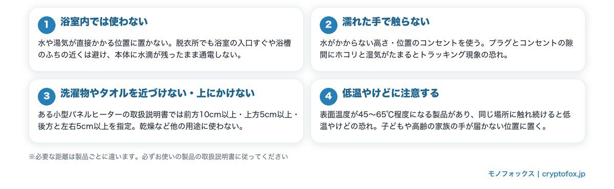 脱衣所で使うときの4つの注意点(浴室内で使わない・濡れた手で触らない・洗濯物をかけない・低温やけど)