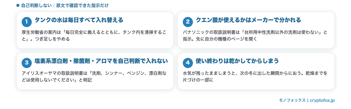 取扱説明書が指示するにおいの対処4つ:毎日の全量水換え・クエン酸は取説確認・漂白剤や除菌剤を自己判断で入れない・乾かしてしまう