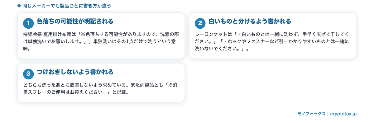 色移りについて2点の公式がそれぞれどう書いているかを並べた図