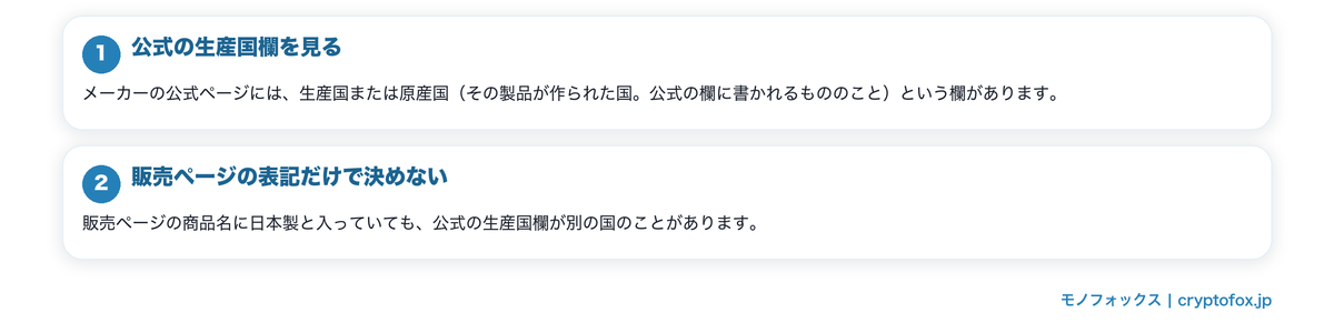 日本製かどうかの確かめ方の要点を整理した図