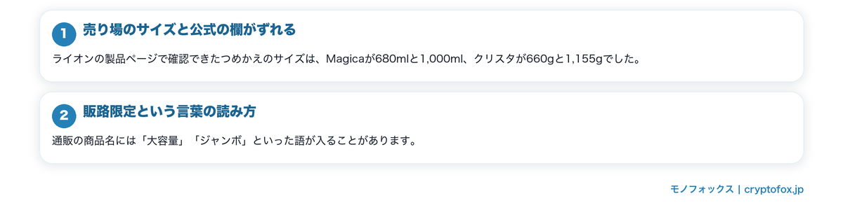 大容量の詰め替えは公式一覧に無いことがあるの要点を整理した図