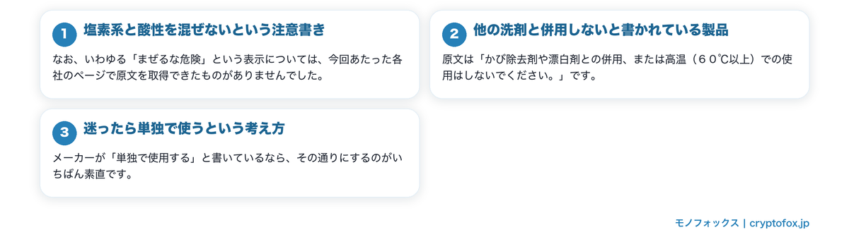 混ぜてはいけない組み合わせの注意表示の要点を整理した図