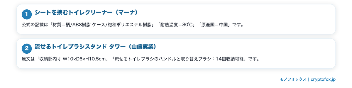 公式で仕様を確認できたトイレ用品の続きの要点を整理した図