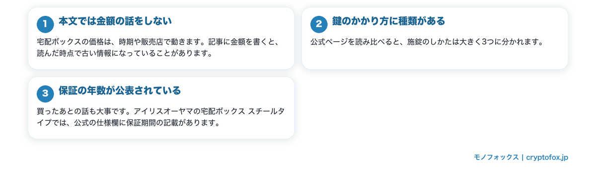 安い宅配ボックスは鍵と年数で見るを図で整理した図解