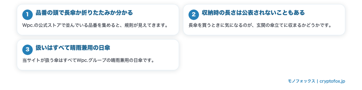 長傘は品番の系列と全長で見分けるを図で整理した図解